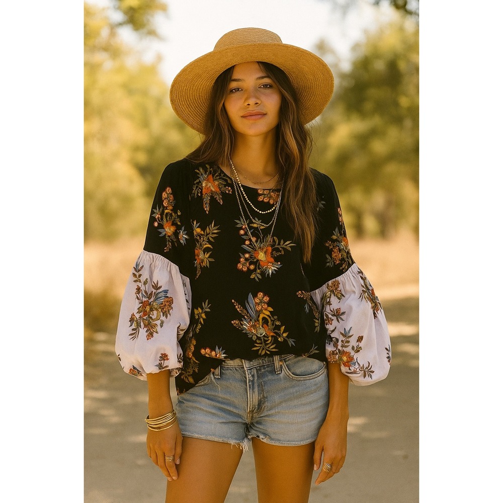 Ann Taylor LOFT Top XL Black Two Toned Floral Print 3/4 Puff Sleeve Boho Peasant